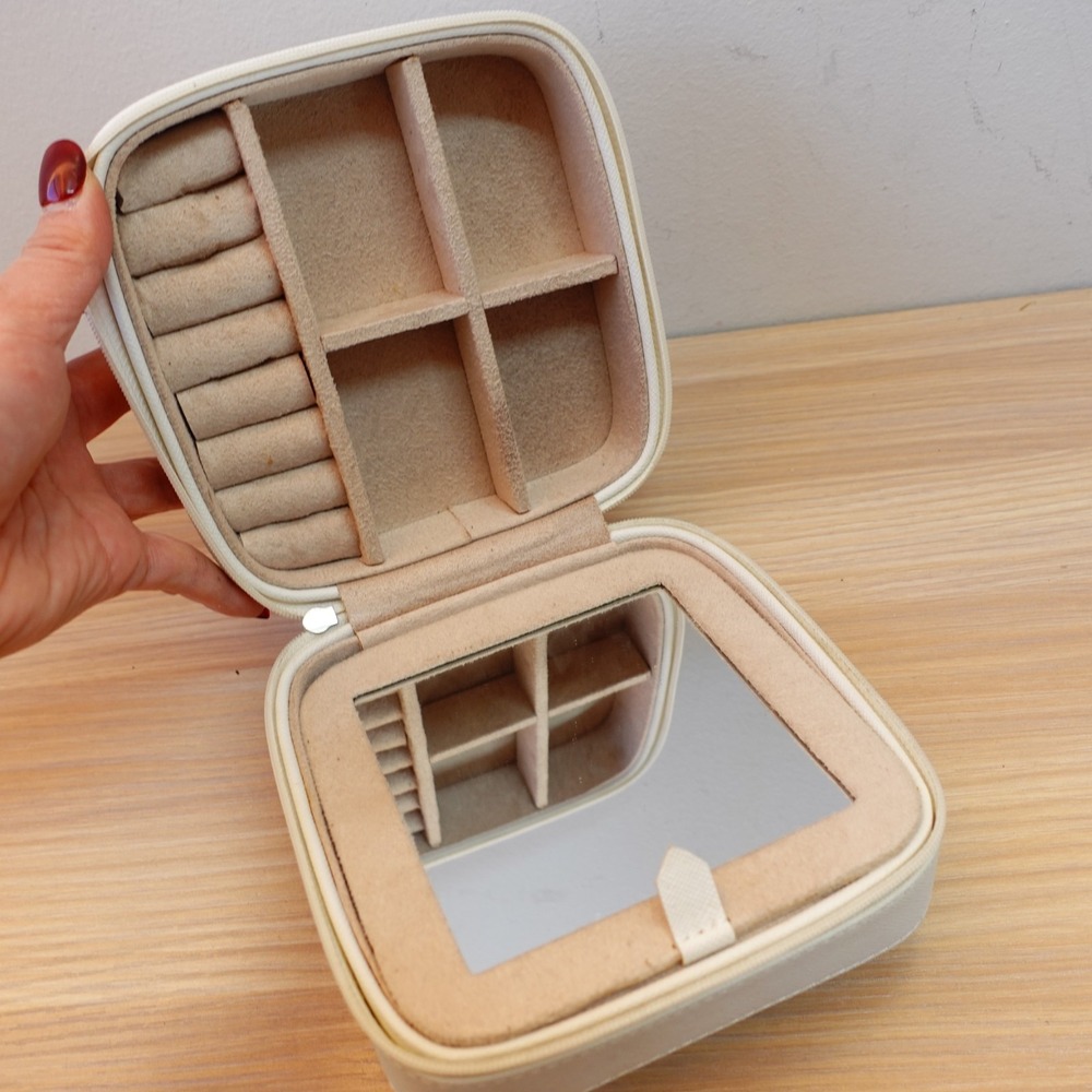 Travel Jewelry Case S White Vanity Mirror‎ Box Organizer Faux Saffiano Leather